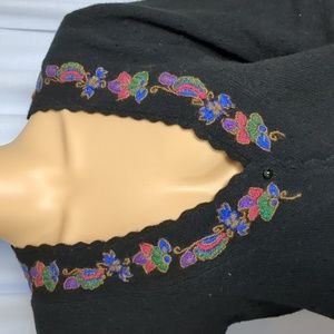 Embroidered Vintage Black Button Up Sweater with Scalloped Neckline Medium